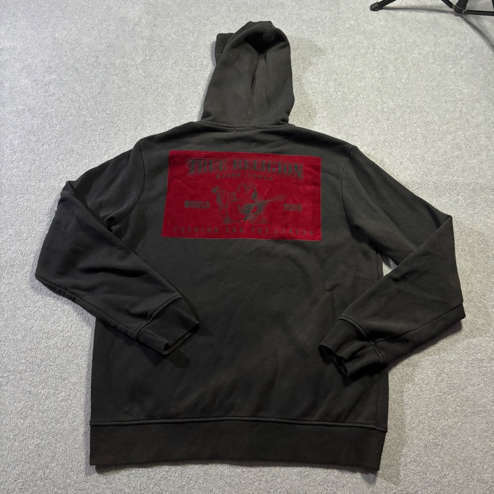 True Religion Zip Hoodie Mens Large Black World Tour Buddha Red Velvet Patch Y2K